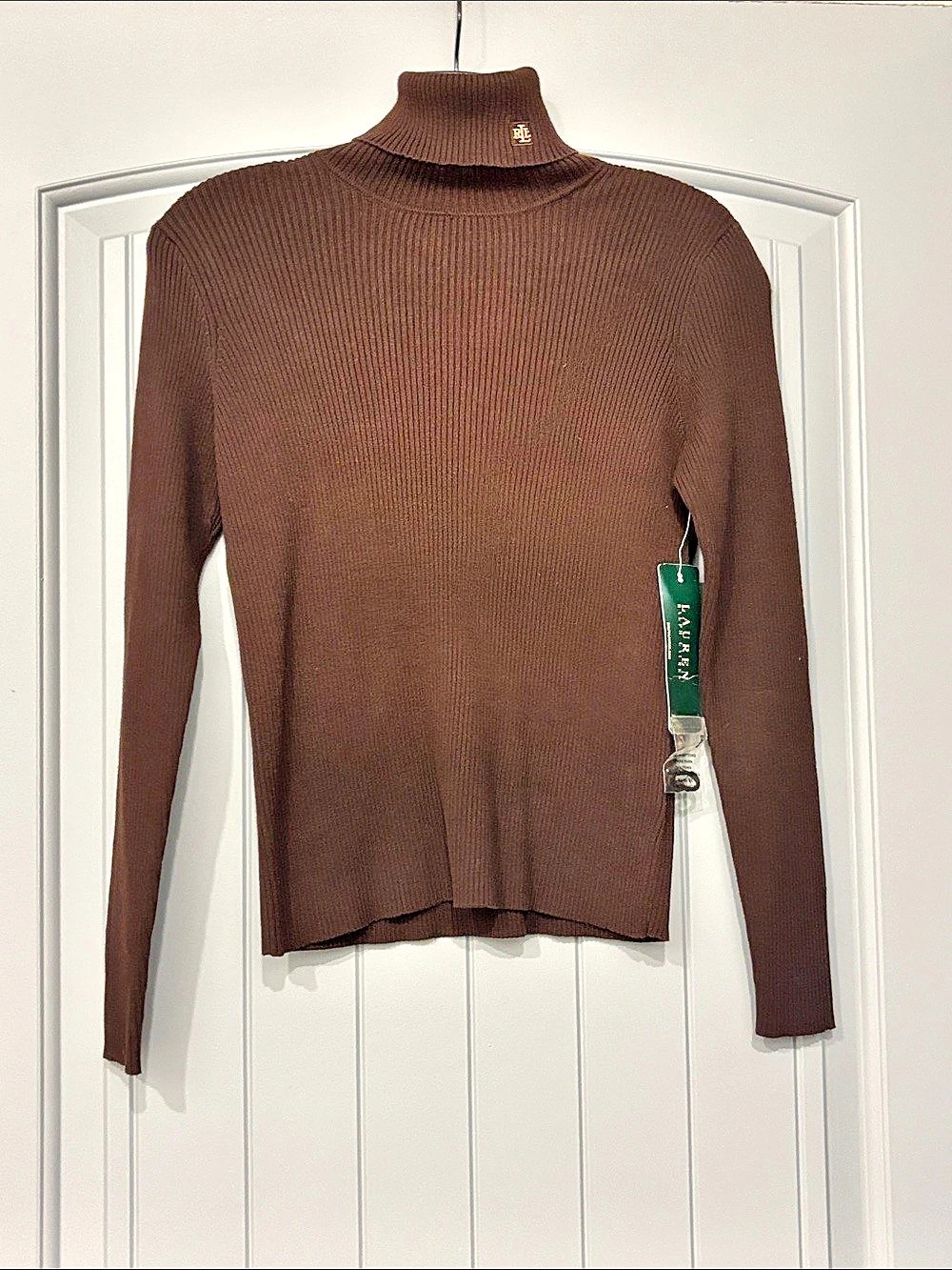 NWT Lauren Ralph Lauren Cotton-Blend Ribbed Turtleneck Sweater Dark Brown.